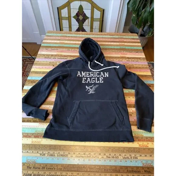 Y2K Vtg American Eagle Hoodie Men M Black Pullover Distressed Logo Fleece 1977 - Picture 2 of 8
